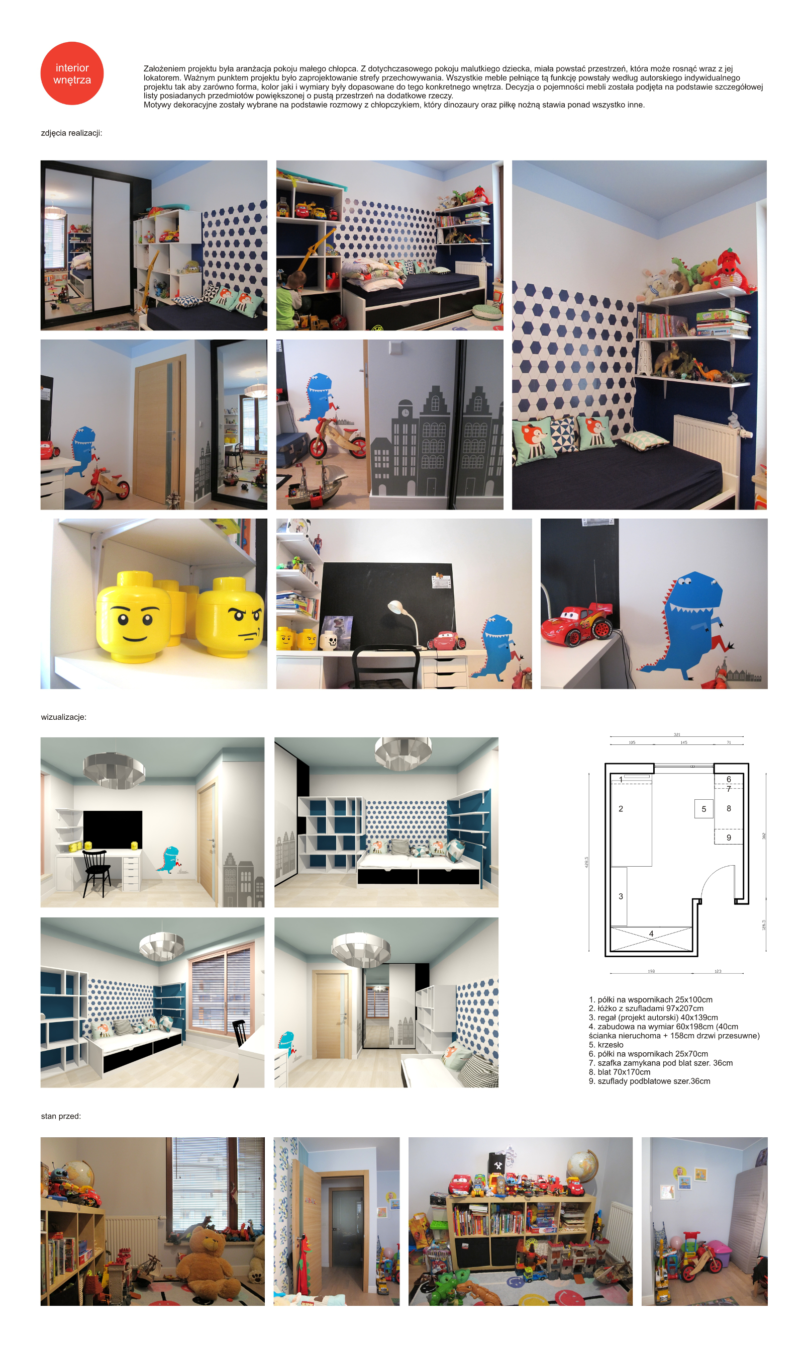 Założeniem projektu była aranżacja pokoju małego chłopca. Z dotychczasowego pokoju malutkiego dziecka,
miał powstać przestrzeń, która może rosnąć wraz z jej lokatorem. 
Ważnym punktem projektu było zaprojektowanie strefy przechowywania. Wszystkie meble pełniące tą funkcję powstały według autorskiego indywidualnego projektu tak aby zarówno forma, kolor jaki i wymiary były dopasowane do tego konkretnego
wnętrza. Decyzja o pojemności mebli została podjęta na podstawie szczegółowej listy posiadanych przedmiotów powiększonej o pustą przestrzeń na dodatkowe rzeczy.
Motywy dekoracyjne zostały wybrane na podstawie rozmowy z chłopczykiem, który dinozaury oraz piłkę nożną stawia ponad wszystko inne.